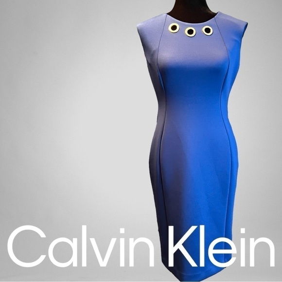 CALVIN KLEIN Size 4 Blue Grommet Neck Sleeveless Scuba Dress NWT - Picture 2 of 9